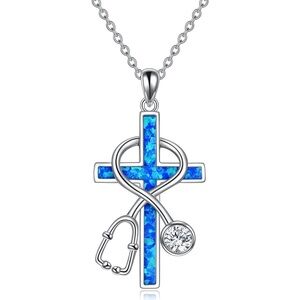 #80 | 🩺 Sterling Silver Stethoscope Opal Cross Necklace Nurse Doctor Medical
